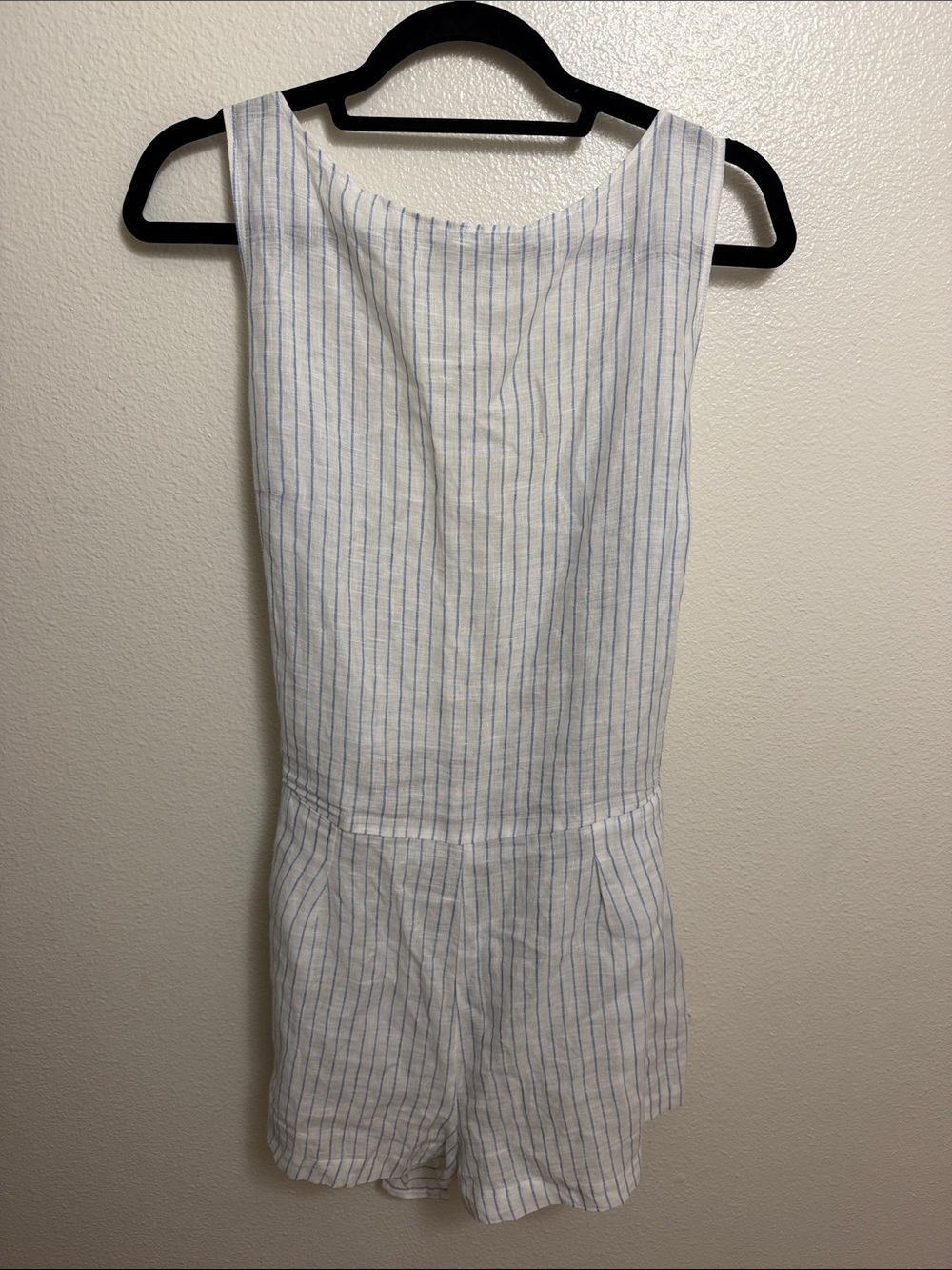Vitamin A White Linen Romper with Blue Pinstripes